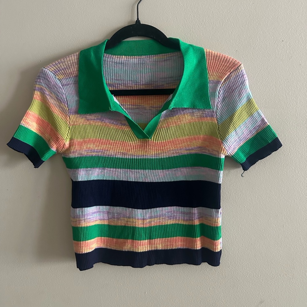 Striped Short-Sleeve Crop Polo Knit Top in Green and Navy Size M